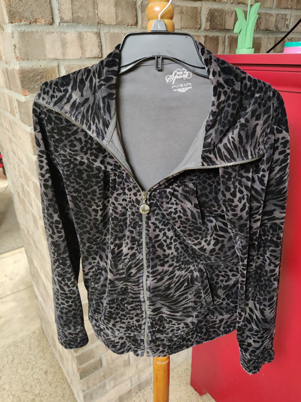 Style &Co Sport  Leopard Print Zip-Front Jacket - Black/Gray, Size Medium